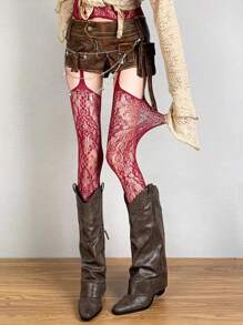 1 双女士性感深色哥特式蜘蛛网提花渔网连裤袜，适合万圣节 - 紅色 - 查看 2