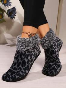 3 Pairs Women's Winter Leopard Print Thermal Lined Slipper Leg Warmers, Warm Soft Knitted Blend Cozy Indoor Grip Leg Warmers