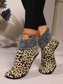 3 Pairs Women's Winter Leopard Print Thermal Lined Slipper Leg Warmers, Warm Soft Knitted Blend Cozy Indoor Grip Leg Warmers