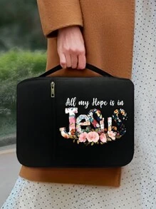 耶稣与花卉图案圣经套，圣经盒，圣经套，手提包收纳袋，标准尺寸带拉链和口袋的圣经包，圣经学习盒，花卉信笺圣经盒，手提包圣经包，适合成人、女性、男性圣经学习（黑色）（拉链位置随机） - 黑色 - 查看 3