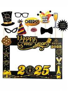 Kit di 2025 cornice per foto per festa di Capodanno e 10 accessori, decorazioni in carta per photobooth adatte per feste di vacanza, celebrazioni di Capodanno, Natale, senza piume, con motivi assortiti