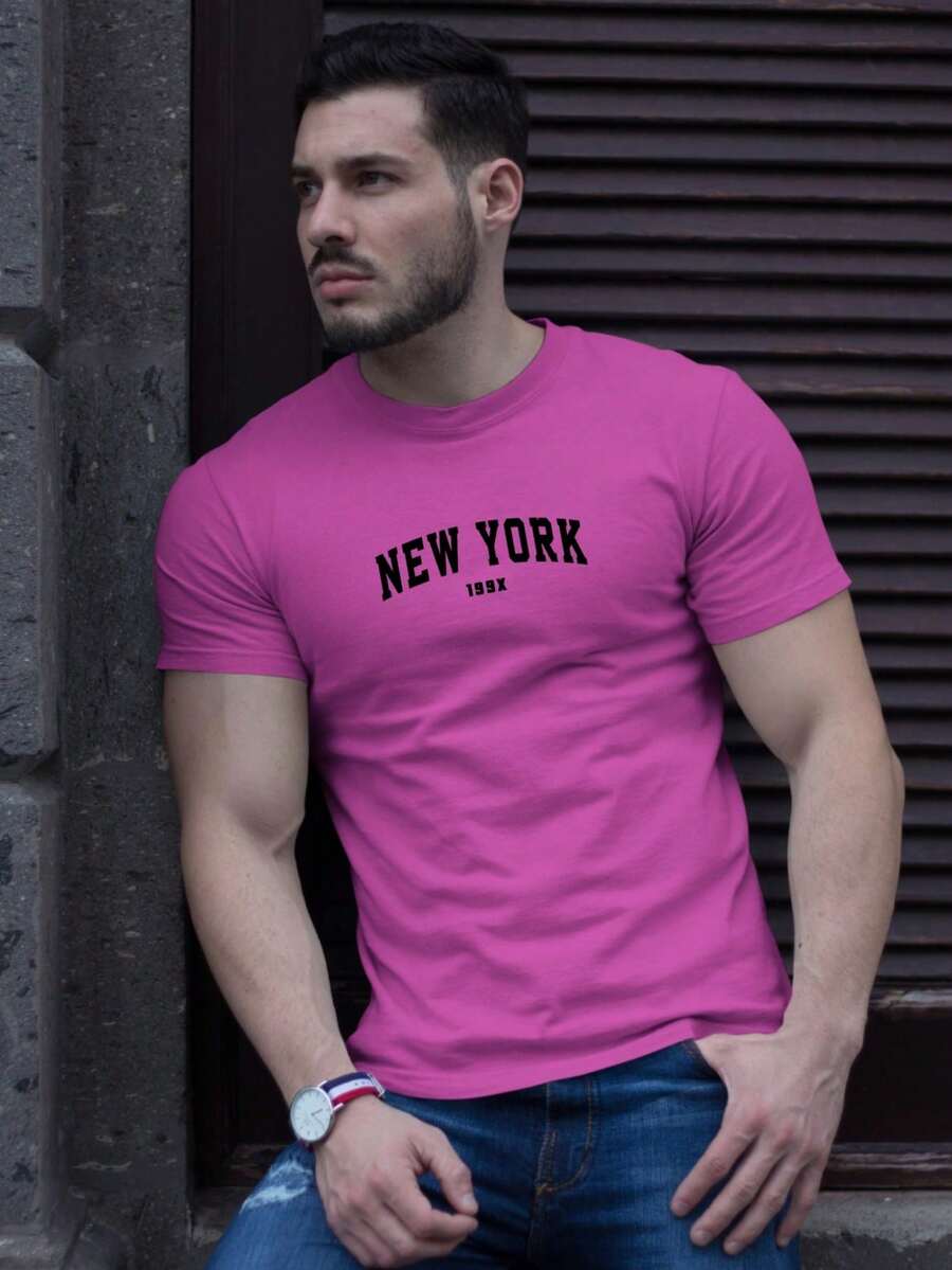 New York 199X Men's Stylish Cotton T-Shirt 100% Cotton - 玫紅色 - 查看 1