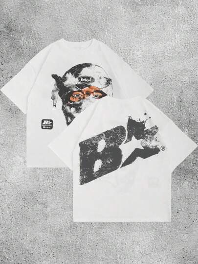 Women's Vintage Masquerade & Letter Print Round Neck Short Sleeve Casual Y2K Street Fashion Loose T-Shirt