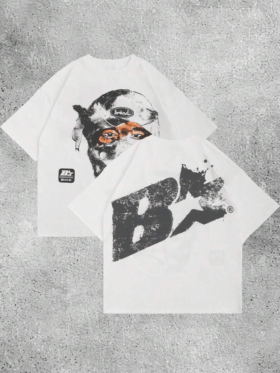 女士复古面具字母印花圆领短袖休闲Y2K街头时尚宽松T恤 白色夏季 - 白色 - 查看 1