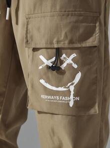 Pantalones cargo informales para hombres con estampado de expresión y letra, cintura con cordón y silueta entallada - Caqui - Ver 5
