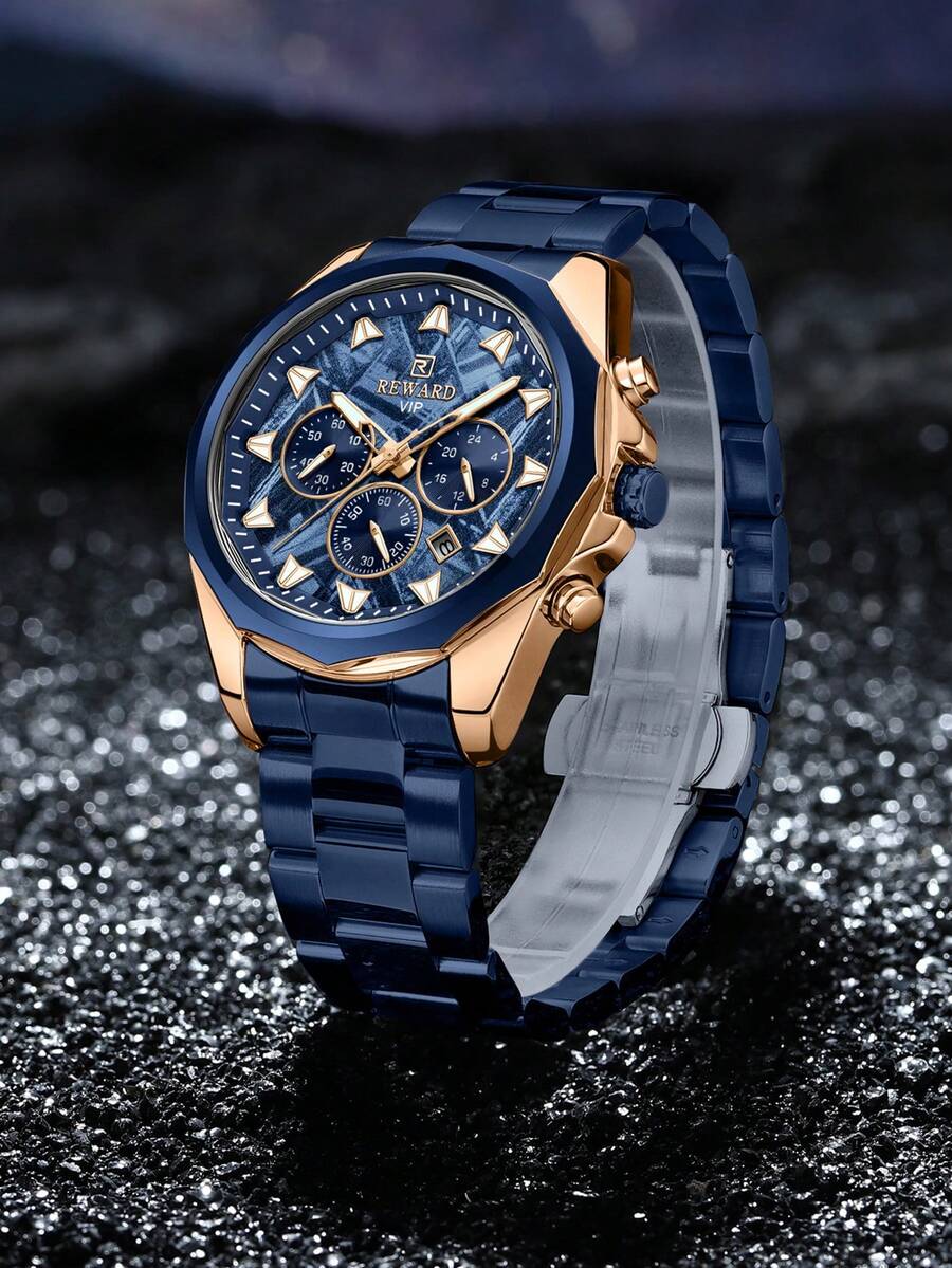 REWARD 1 件不锈钢表带新款男士运动手表，日历，夜光，防水，多功能计时码表，适合日常装饰和礼物 - 均碼 - 查看 1