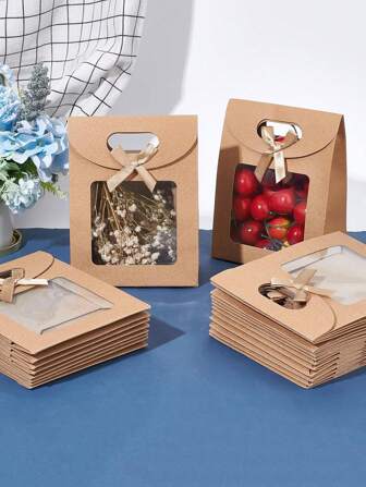 10 piezas/set Bolsa de regalo de papel kraft con ventana transparente y asa - Utilizado para empaquetar dulces, galletas, bodas, Acción de Gracias y fiestas de vuelta a la escuela Día de San Valentín