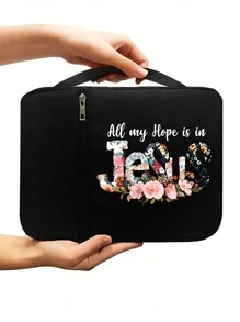 耶稣与花卉图案圣经套，圣经盒，圣经套，手提包收纳袋，标准尺寸带拉链和口袋的圣经包，圣经学习盒，花卉信笺圣经盒，手提包圣经包，适合成人、女性、男性圣经学习（黑色）（拉链位置随机） - 黑色 - 查看 4