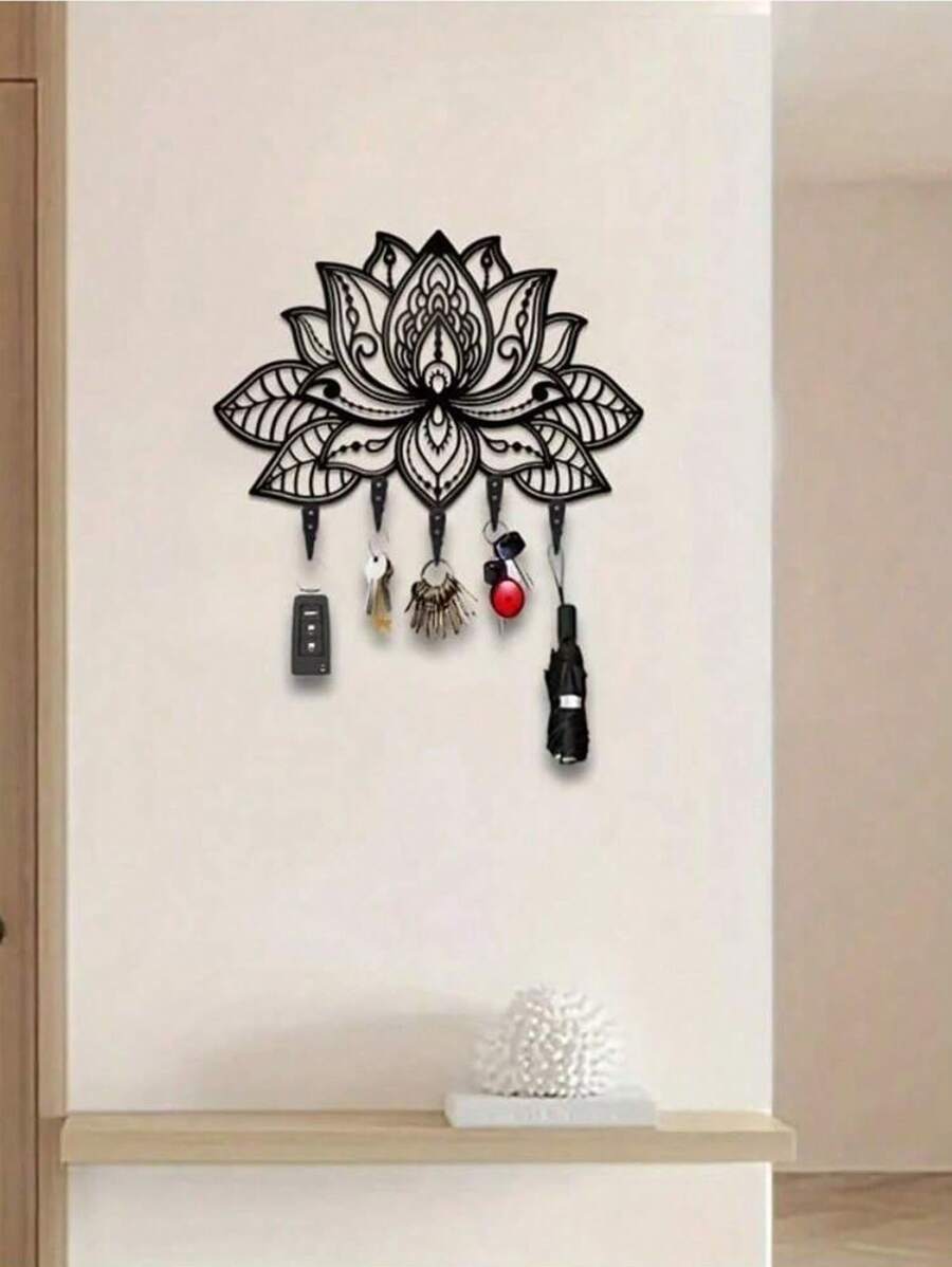 1 Lotus Metal Wall Mounted Key Hook, Modern Hollow Sculpture Decorative Coat And Hat Rack, Wall Mounted Storage Rack Hook, Home Bedroom Wall Decoration,Suitable For Modern Home Decor,Wall Deocr,Bathroom Deccor,Living Room Deccor,Kitchen Deccor,Room Deocr,Home Decor - 黑色 - 查看 1
