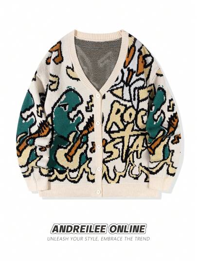 Cardigan ample et décontracté à col en V unisexe avec graphique de dinosaure et de lettres, polyvalent pour le printemps, l'automne et l'hiver