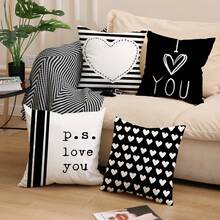 1 cái/4 cái Vỏ gối in chữ sọc trái tim đen trắng ngày lễ tình nhân bằng polyester, vỏ gối, trang trí phòng, trang trí phòng ngủ, trang trí ghế sofa, 45x45cm (không có lõi gối) - Nhiều màu - Xem 3