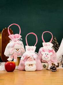 1 Piece Pink Gift Bag, Cute Gift Bag With Santa, Snowman, Elk For Christmas For Home Party Decoration, Holiday Gift Wrapping
