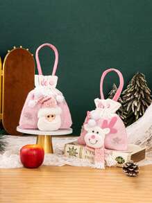 1 Piece Pink Gift Bag, Cute Gift Bag With Santa, Snowman, Elk For Christmas For Home Party Decoration, Holiday Gift Wrapping