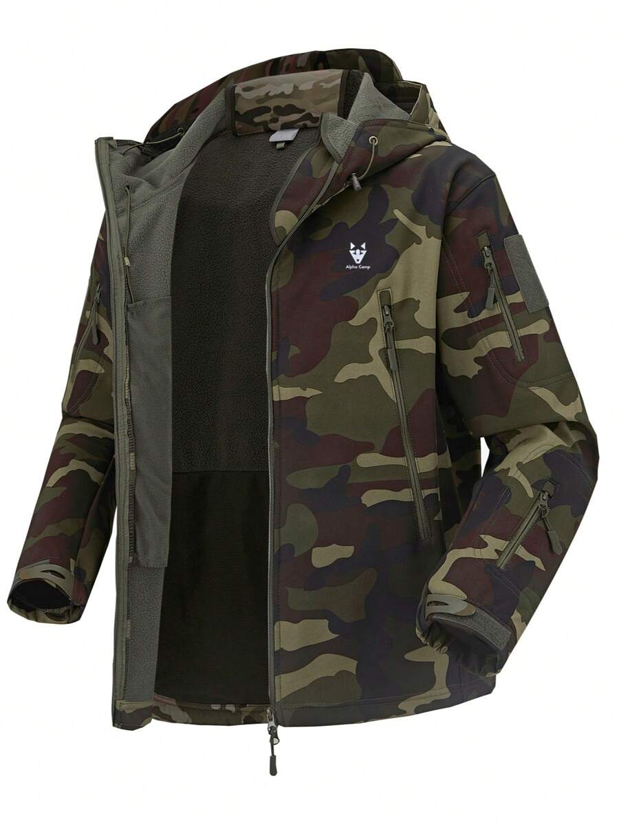Men's Softshell Camouflage Hooded Fleece Jacket, Waterproof Windproof Warm Outdoor Coat, Winter