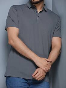 Men's Plain Polo Neck T-Shirt Luxury Short Sleeve T-Shirt Casual Fashion Ice Silk Fabric Good Elasticity More Breathable And Comfortable - Grey - View 4