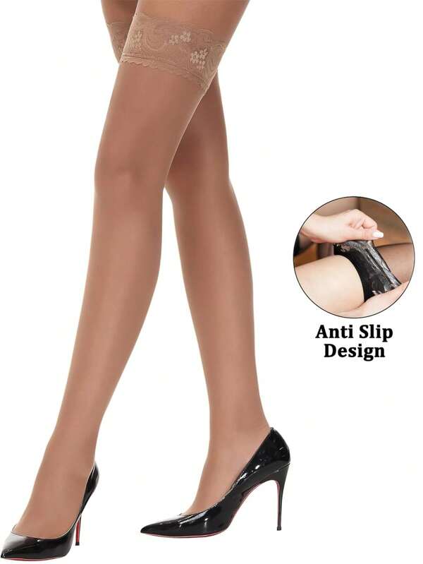 1 par de medias muslo alto talla grande para mujer, semitraslúcidas, con encaje y silicona en la parte superior para que se queden en su lugar, con un tacto sedoso