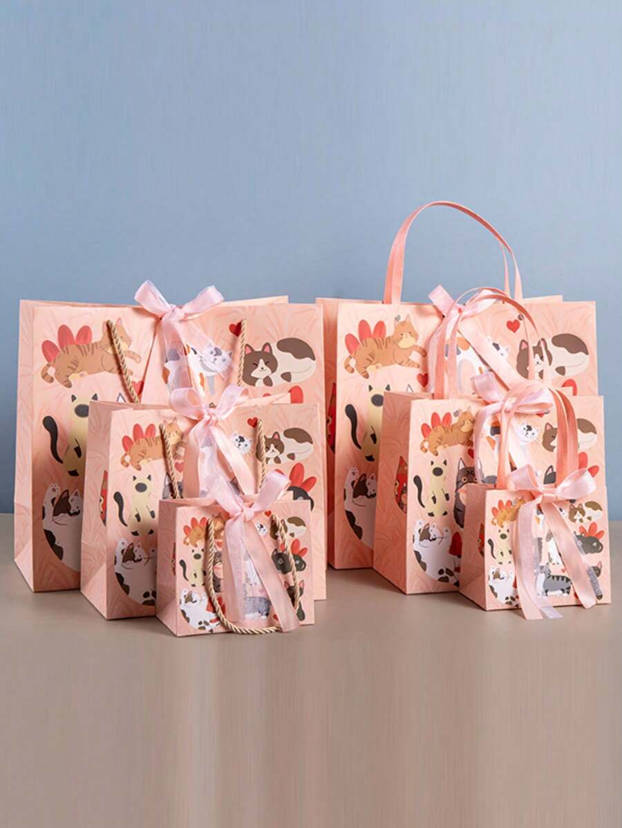 1 个带丝带的猫咪礼品袋 - 粉色小猫礼品袋 - 猫咪派对礼品包装，带手柄的便携式纸质礼品袋，生日礼品袋，婚礼派对礼品袋情人节