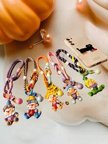 可爱卡通马戏团风格手机带腕带，编织防丢失坚固吊坠，带卡通钥匙扣 - 綠色 - 查看 2