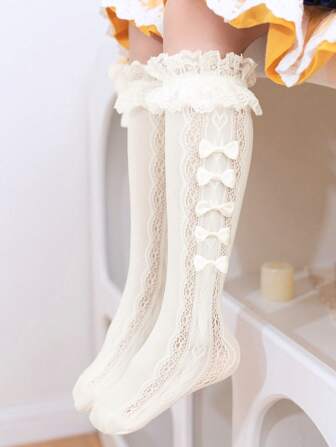 1pair Toddler Girls' Lace Butterfly & Heart Patterned Mid-Calf Mesh Stockings, Suitable For Daily Wear