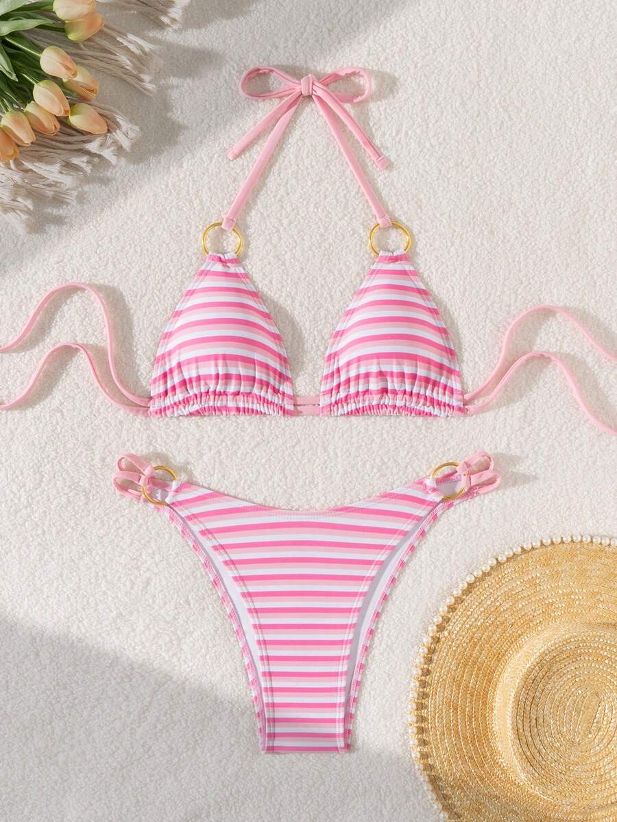 Women's Summer Beach Vacation Striped Halter Tie Sexy Bikini 2 Pieces Swimwear Set