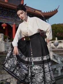 春季中国风优雅黑白花卉印花编织明代马面裙适合中国新年、日常、街头、通勤、家居等场合穿的中式连衣裙汉服下装