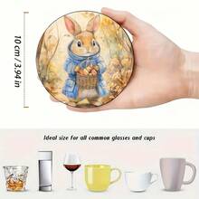 8pcs Rabbit Theme Wooden Coaster Set, Suitable For Home And Restaurant Decoration, Synthetic Material Surface, Anti-Slip Kitchen Accessories Perfect For Tea, Coffee And Beverages, Ideal Holiday Gift, Fits All Cups - Rabbit - View 3