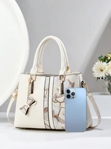 大容量时尚百搭印花设计 3 口袋女士手提包，优雅高端单肩包，热门社交媒体模特 - 米色 - 查看 6