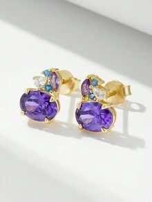 1 cặp bông tai đính đá quý màu bạc Sterling S925, bông tai hình bầu dục tối giản sang trọng màu tím Cubic Zirconia mạ vàng 14K - Vàng - Xem 2