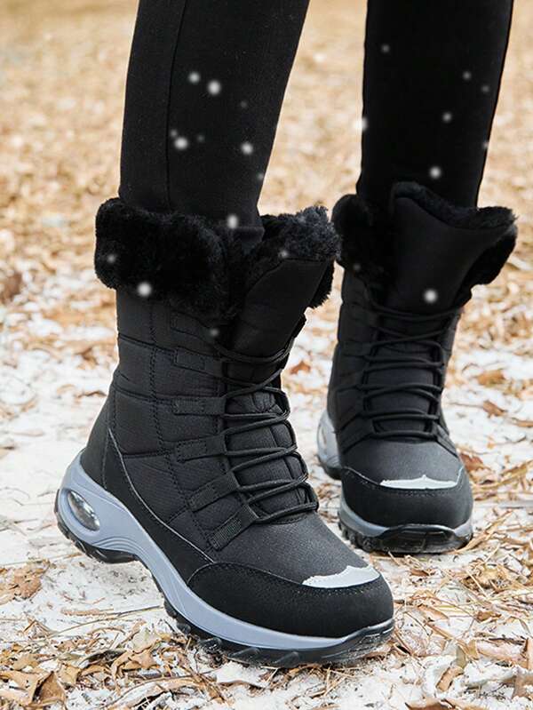 Komfortabler Modestil - Damen Winter Schneestiefel mit Luftkissen Laufsohle, warm gefüttert mit Fell, rutschfeste Outdoor Schneestiefel mit hohem Schaft - perfekt für Winterabenteuer
