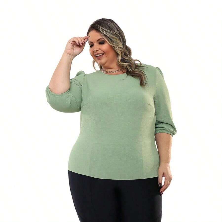 Plus Size Blouse 3/4 Sleeve Round Neck Dune Fabric - 薄荷綠 - 查看 1