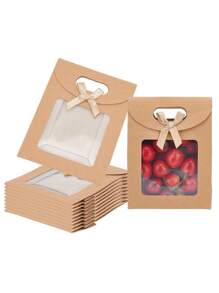 10 件/套牛皮纸礼品袋，带透明窗口和手柄 - 用于包装糖果、饼干、婚礼、感恩节和派对返校情人节 - 卡其色 - 查看 4