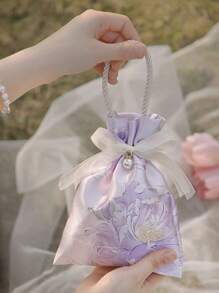 2 件装婚礼礼品袋，配珍珠和丝带糖果盒，花卉设计，奢华，带提手的花卉缎面礼品袋，感谢礼品袋，抽绳袋，小糖果盒迷你礼品袋，适用于生日婚礼新娘礼物 - 彩色 - 查看 8