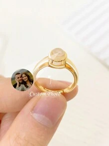 1PC Sterling Silver Custom Projection Photo Ring, Adjustable Personalized Ring, Custom Family Pet Photo Ring, Couples Ring, Anniversary Gift - Gold - View 1