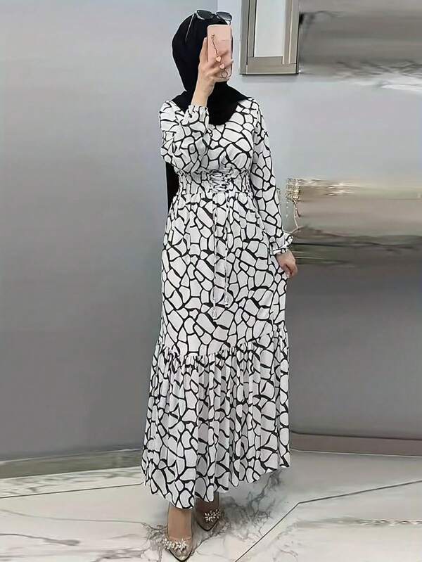 Women's Fashion Style Geometric Print Long Sleeve Dress, Modest
