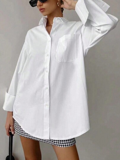 Women's Solid Color Button-Down Long Sleeve Shirt Rounded Pockets