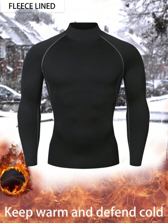 Thermal Lined Thermal High Neck Long Sleeve Sweater, Lightweight, Stretchy, Body-Fit, Warm Baselayer For Outdoor Sport, Running, Skiing, Hunting, Cold Weather Casual Activewear