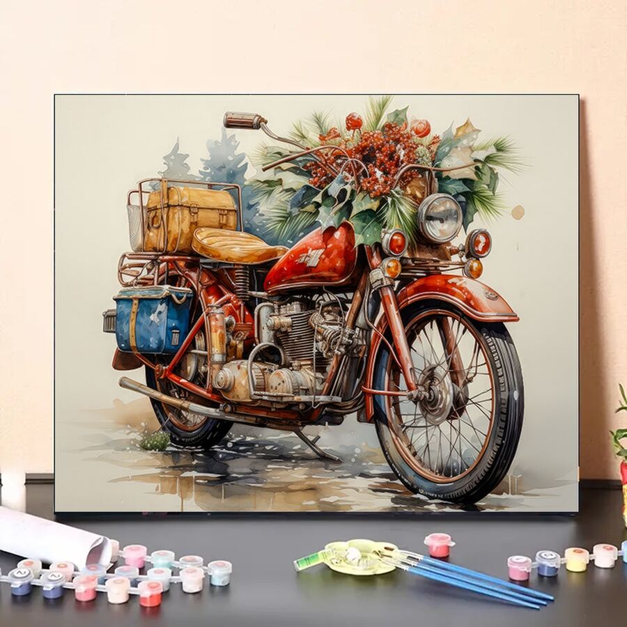 DIY Number Painting Kit Floral Motorcycle 20x16 Inch Canvas