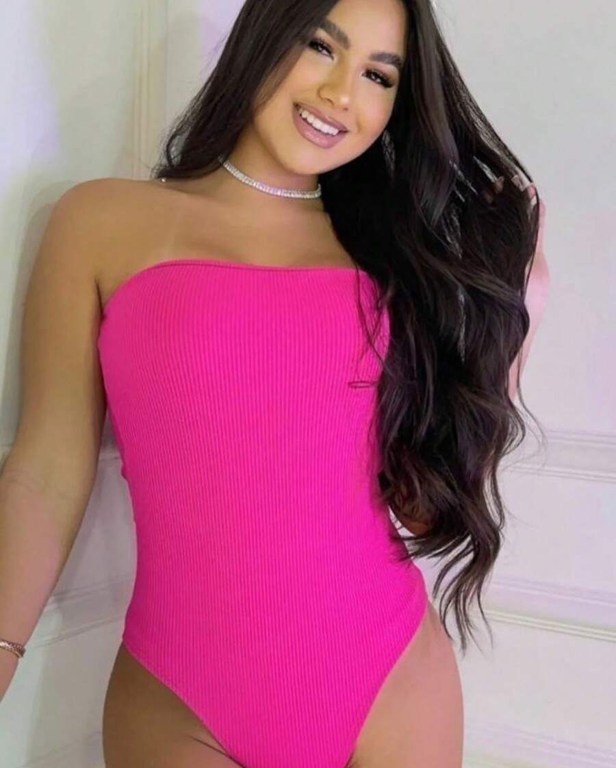 Women's Strapless Bodysuit In Ribbed Knit - 粉色 - 查看 1