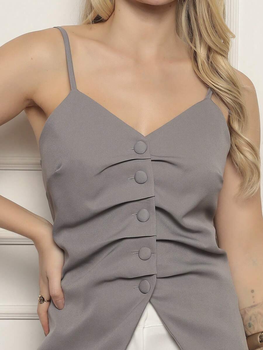 Stylish Long Tailored Strap Tank Top - Xám - Xem 1