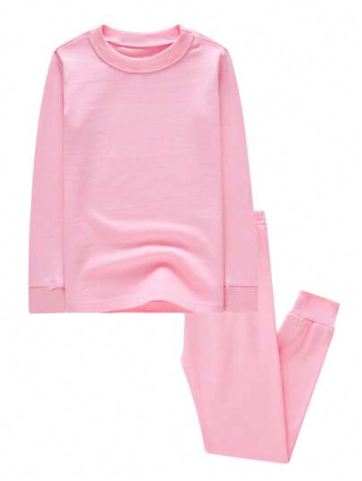 Set de 2 piezas de pijama de niñas preadolescentes de color rosa sólido de manga larga y pantalón largo, ajuste cálido y acogedor, para invierno