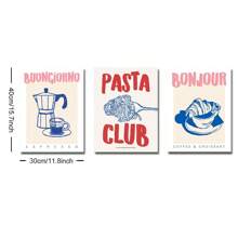 Set di 3 stampe su tela con immagini di cibo e bevande, cartellone d'arte per la cucina, stile retrò francese, con motivi come pasta, caffè e pane, quadri senza cornice per decorazione minimale per cameretta, appartamento, sala da pranzo, soggiorno, casa moderna
