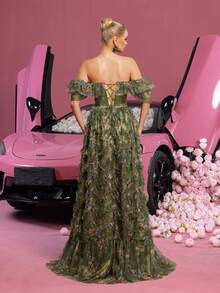 Faeriesty 优雅迷人的女士方领短袖长款派对礼服，开衩设计，荷叶边装饰，完美适用于春季婚礼、花园派对、户外林地庆典、浪漫晚餐、正式肖像拍摄、湖畔聚会、梦幻晚宴、返校节和毕业典礼礼服、生日女士服装、春季连衣裙和夏季服装。 - 橄欖綠 - 查看 3