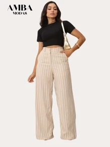 Casual Executive Striped Wide Leg Pants - Beige - View 1