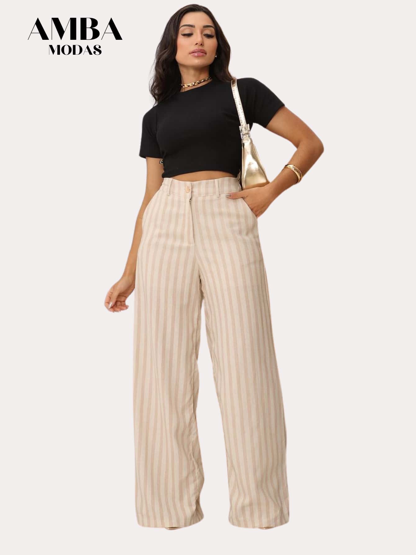 Casual Executive Striped Wide Leg Pants - Beige - View 1