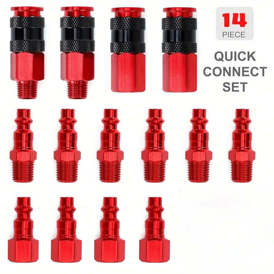 14-Piece Aluminum Air Coupler And Plug Kit - Quick Connect Air Fittings Set With 1/4" NPT, No Electricity Needed For Industrial Applications Tools