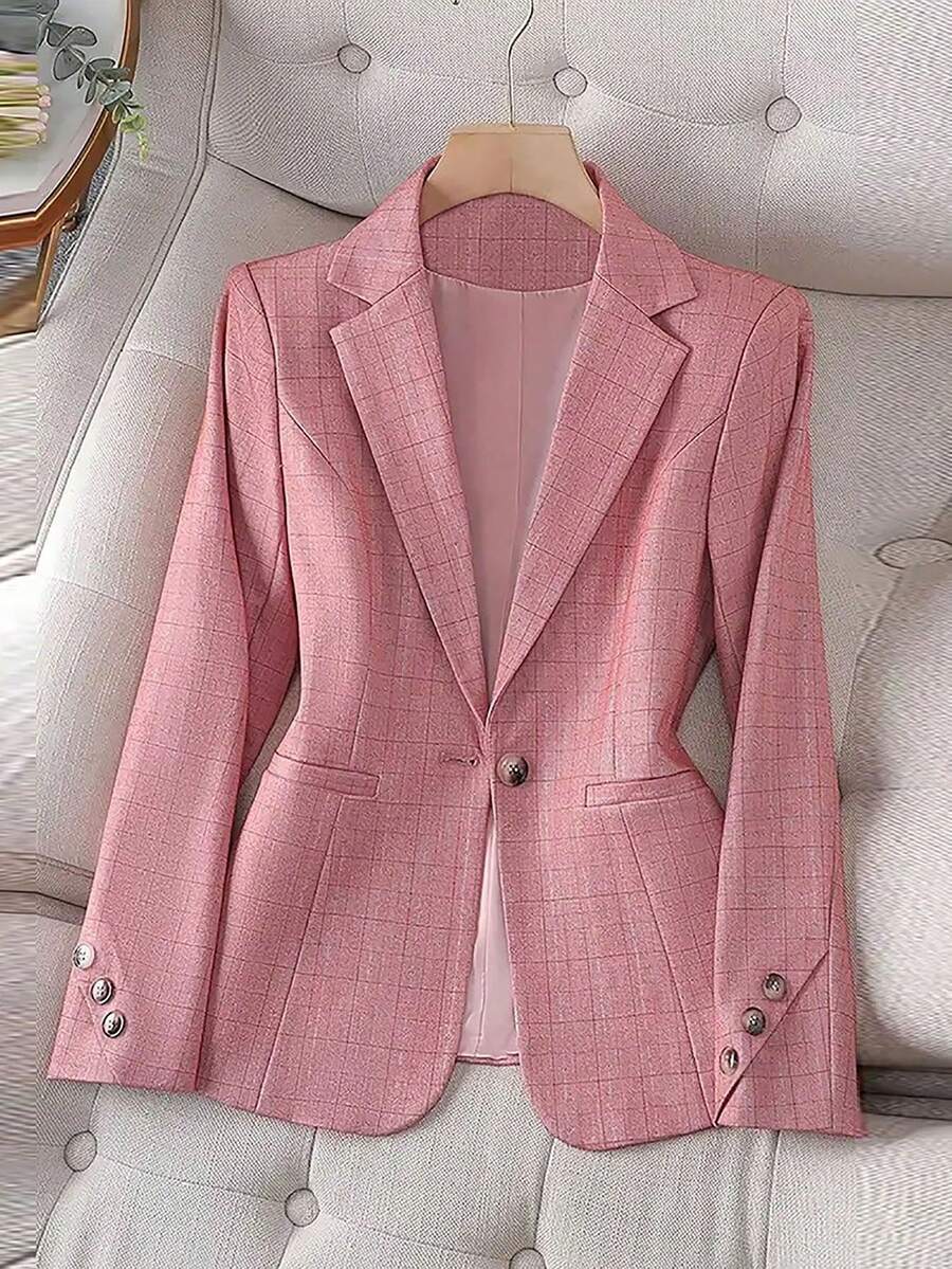 HOMEYEE Vintage Elegant Casual Resort Office Work Blazer Jacket, Long Sleeve, Suit Collar, Plus Size, Spring/Autumn/Winter Pink - Hồng - Xem 1