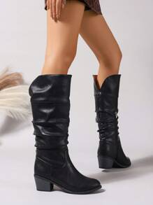 1pair Black Lace-Up Chunky Heel Mid-Calf Boots, Elegant & Versatile Autumn/Winter Boots