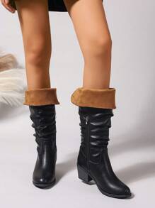 1pair Black Lace-Up Chunky Heel Mid-Calf Boots, Elegant & Versatile Autumn/Winter Boots