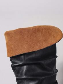 1pair Black Lace-Up Chunky Heel Mid-Calf Boots, Elegant & Versatile Autumn/Winter Boots
