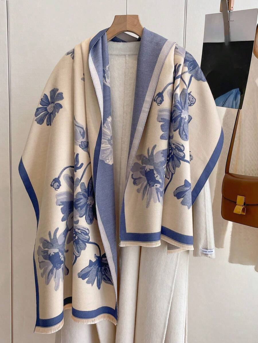 1 件最新双面围巾，女士冬季加厚保暖披肩，二合一功能，适合室内和室外 - 彩色 - 查看 1